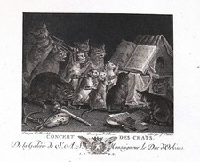 CONCERTO DEI GATTI "Concerto delle Chats" 1786 Breugel / Couché ORIGINALE STAMPA ANTICA