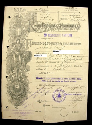 1920 foglio congedo - foglio,