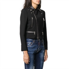 DSQUARED2 Giacca Pelle Biker Lana Dettaglio Zip Giacca Nera Taglia 42 Prezzo di listino £1395,00