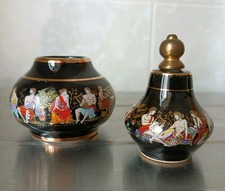 Ceramica Greca Nera Bottiglia Profumo E Candelabro Alti 4,5 Cm 5,5 Cm Vintage 