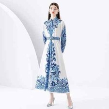 Vestito Abito Lungo Elegante Bohoo Morbido Blu Raso Bianco Blu GIPSY 04937