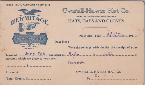 1914 overall hawes hat - overall,