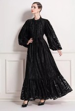 Abito Lungo Nero In Pizzo Maniche Ampie E Cintura Elegante Da Cerimonia CF54362