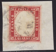 1857 SARDEGNA, n. 16A IV emissione 40 cent. rosso scarlatto SU FRAMMENTO