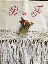 Antico Asciugamano Canapa Ricamato A Mano Cifrato BF Punto Croce Pizzo 145x68 cm