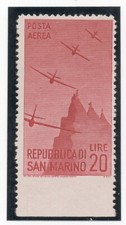 1948 San Marino - Posta aerea 20 L. Varietà non dentellato in basso Raybaudi