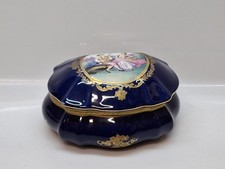 Portagioie vintage in porcellana limoges blu  e oro cofanetto Scatola 19cm 