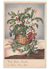 cartolina d'epoca centrotavola natalizio vaso rami agrifoglio fiori di Natale