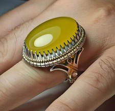 Anello in argento sterling 925 con agata gialla yemenita naturale, anello giallo da uomo Aqeeq