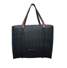 Fibra Black Woven With Brown Faux Leather Straps Tote Bag Sz L