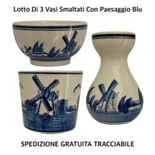 Lotto Di 3 Vasi Smaltati Bianchi Con Paesaggio Blu • Vintage Da Esposizione