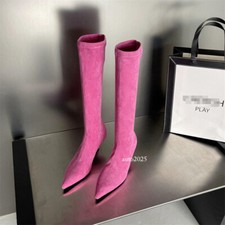 Stivali alti al ginocchio donna a punta scamosciati tacco a gattino pull on moda