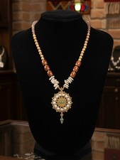 Collana Etnica Lunga Artigianale Pietre Dure Giada Madreperla Ciondolo Mandala