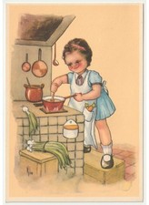 Milan cartolina d'epoca cucina bambina cuoca casalinga pentola sul fuoco