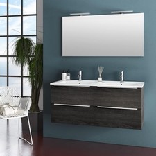Mobile da Bagno Sospeso con Doppio Lavabo e Doppia Lampada a LED TFT Luna