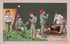 23-2C) CARTOLINA ILLUSTRATA BAMBINI MILITARI RANCIO CUOCO TENDA VIAGGIATA 1918