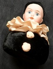 BAMBOLA PUNTASPILLI PINCUSHION DOLLS TESTA PORCELLANA 1800 1900 PIERROT  GOEBEL