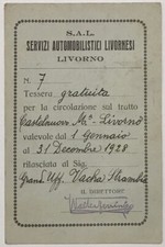 LIVORNO S.A.L. SERVIZI AUTOMOBILISTICI LIVORNESI TESSERA CIRCOLAZIONE 1928 
