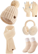 Set Cappello Sciarpa Guanti Paraorecchie E Calze Invernale Donna in Maglia Berre