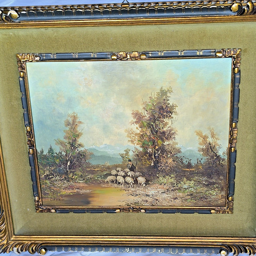 Dipinto olio pastore gregge - , di