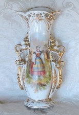 Antico vaso porcellana Francia c1850 Pittura a mano con ragazza in giardino