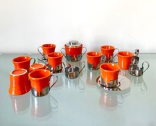 SET VINTAGE 10 TAZZINE DA CEFFÈ E ZUCCHERIERA INOXRIV CERAMICA E ACCIAIO ANNI 70