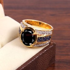 Anello In Onice Nero Naturale E Zaffiro Con Placcatura In Oro 18K Per Uomo #35