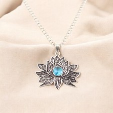 Ciondolo loto argento sterling 925 pietra preziosa topazio blu svizzero naturale fatto a mano 1,71"