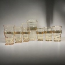 Antico servizio acqua bevanda Caraffa 6 bicchieri in vetro e oro stile liberty