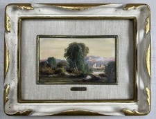 Dipinto olio miniatura vintage della campagna europea di Gino Tassinari incorniciato
