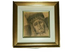 DIPINTO DISEGNO SU LEGNO FIRMA GHILARDI "VOLTO DI CRISTO IN CROCE"