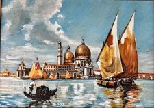 Dipinto Olio Vintage Paesaggio Costiero Venezia Veneziano Italia Navi Città