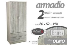 ARMADIO GRANDE MODERNO 2 ANTE 2 CASSETTI LEGNO ROVERE SBIANCATO OLMO 190*80*52cm