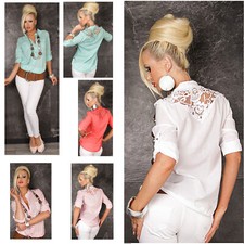 Camicia country-chic ricamo floreale macramè 100% cotone manica 3/4 nuova