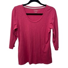 Top donna LL Bean rosa manica 3/4 cotone collo a U casual comodo M strato base Gorp