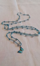 Collana Crochet Artigianale, Filo Turchese Perline Scintillanti E Farfalla Blu