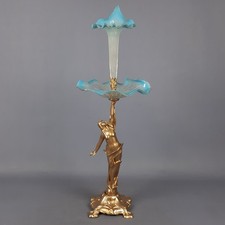 Alzata Centrotavola Francese Statua Dama Antimonio Vetro Blu Art Nouveau XX Sec.