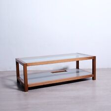 Tavolino da salotto basso porta tv anni '80 in legno di ciliegio e vetro