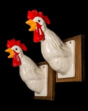 Set 2 ganci appendiabiti da parete asciugamano e grembiule gallo ceramica vintage, grandi