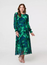 Abito Midi In Chiffon Stampato Verde A Maniche Lunghe Izabel London UK 16
