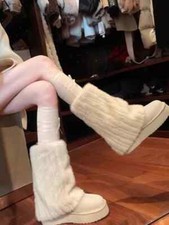 Stivali Stivaletti Donna Platform Beige Zeppa 4.5 cm Comodi Pelle Sintetica