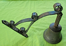 Old Antique Vintage Bronze Bell marked 10WH on Ornate wrought Iron wall bracket