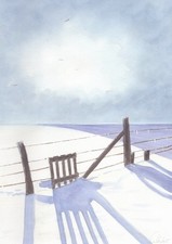 Paesaggio acquerello originale, natura, neve, ghiaccio, recinzione - motivo invernale