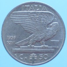 VITTORIO EMANUELE III 50 CENTESIMI 1936 IMPERO NICHEL COIN BB CURRENCY