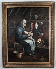 Dipinto ad olio vintage vecchio che cucina su camino scena cabina 29,5"L x 23,5"W
