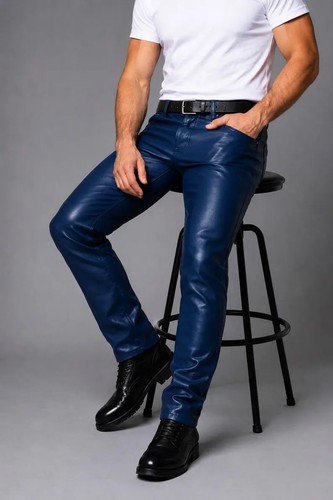 Pantalone uomo pelle biker blu