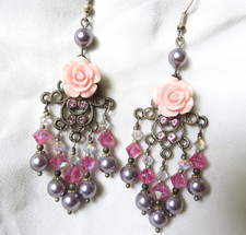 Orecchini stl antico Swarovski perle fucsia grigio Liberty Vittoriano Victorian