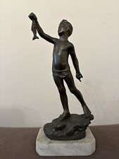 Scultura in Antimonio Bronzo P. Uccello Napoli "Il Pescatore" Con Base in Marmo