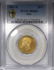 1882-R Italia oro 20 lire PCGS MS64+ PLUS non circolato appariscente