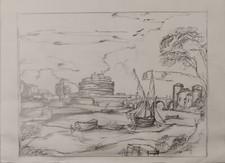 DISEGNO A MATITA SU CARTA. 1998 ANDREA ROSA VEDUTA CASTEL SANT’ANGELO A ROMA